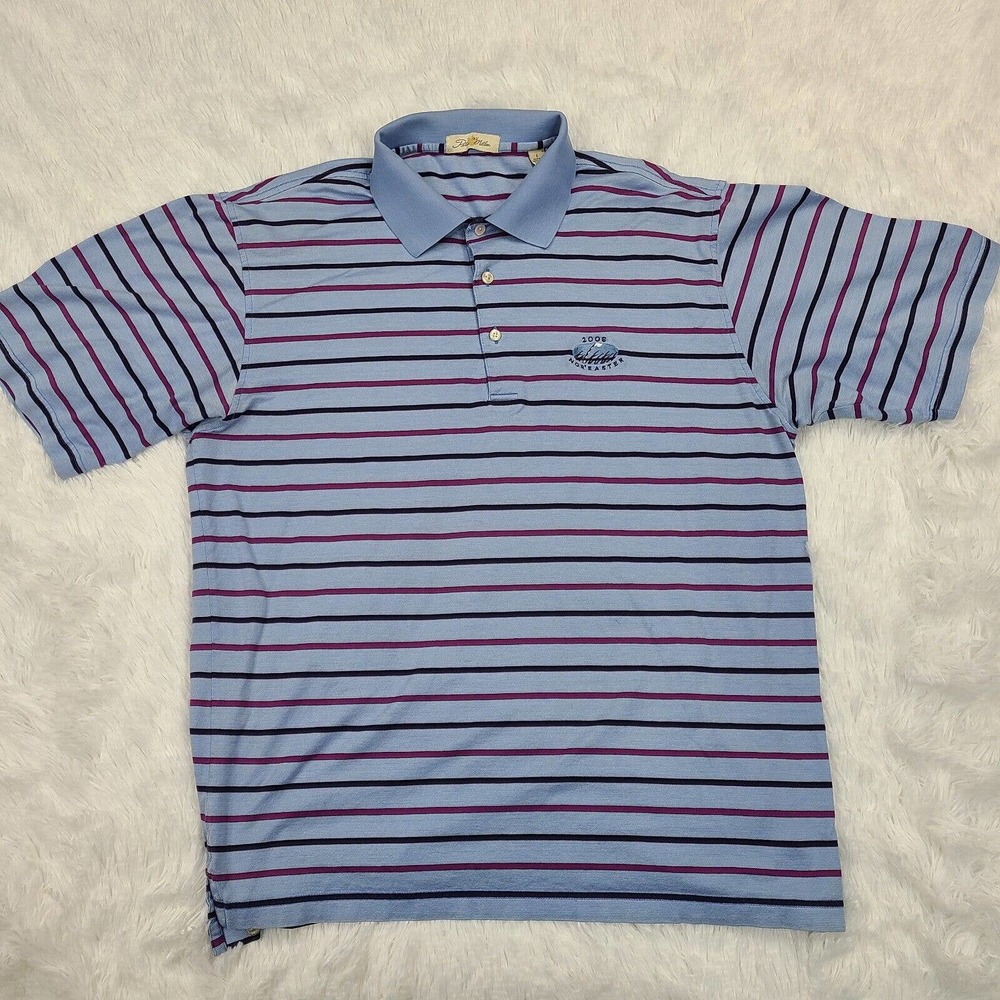 Peter Millar Polo Golf Shirt Large Blue Striped Double Mercerized Cotton Logo